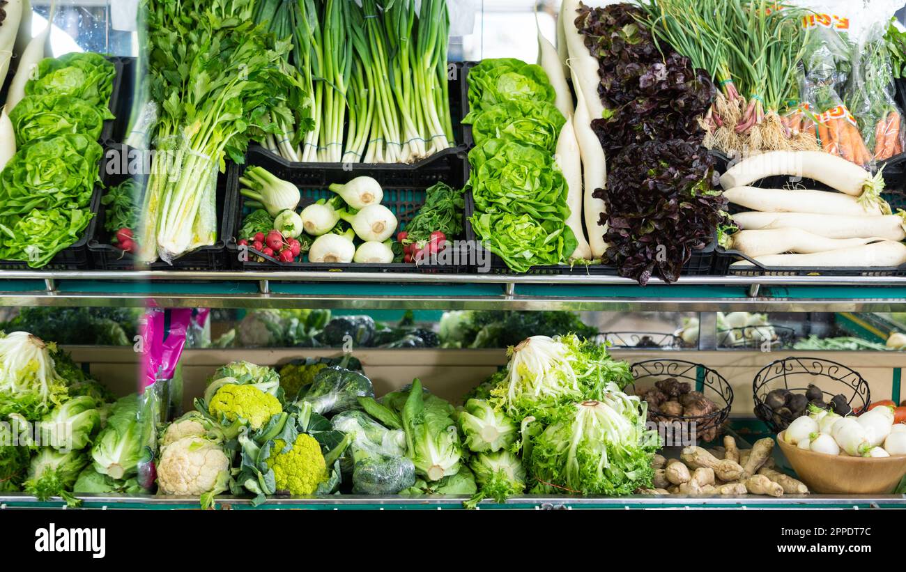 Stand with variety of vegetables and greenery in supermarket Stock ...