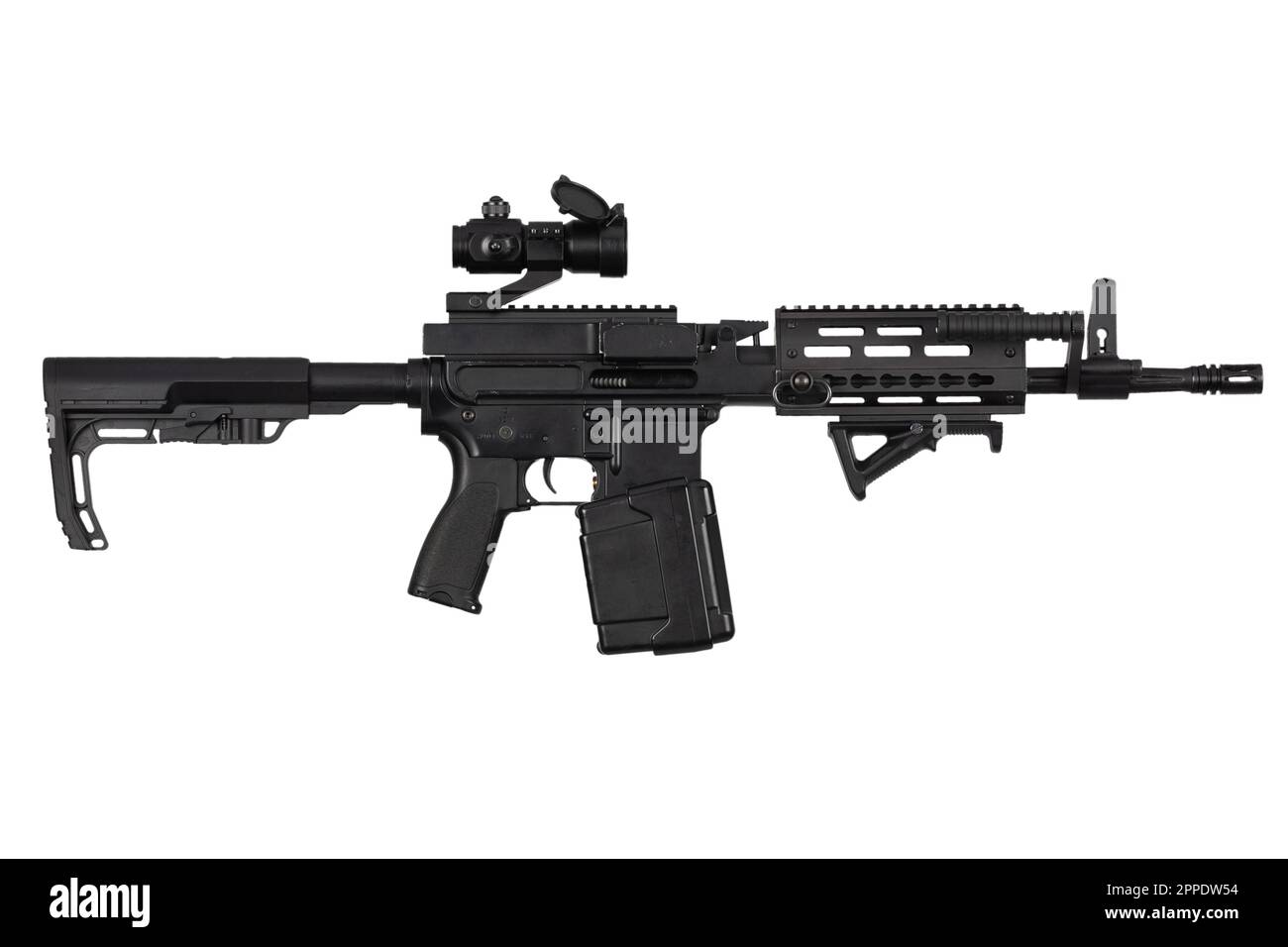 Carbine with belt-fed upper receiver that convert AR-15 or M16 from a standard, magazine rifle to light machine gun. Isolated on a white background Stock Photo