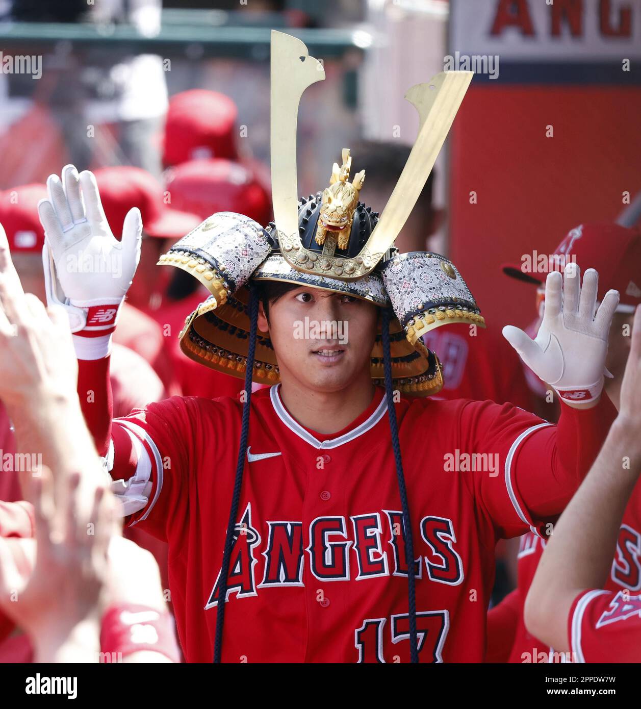 Shohei Ohtani of the Los Angeles Angels celebrates wearing a