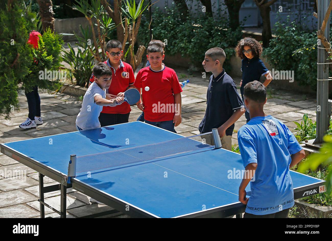 Beirut, Lebanon. 23rd Apr, 2023. Children play table tennis in