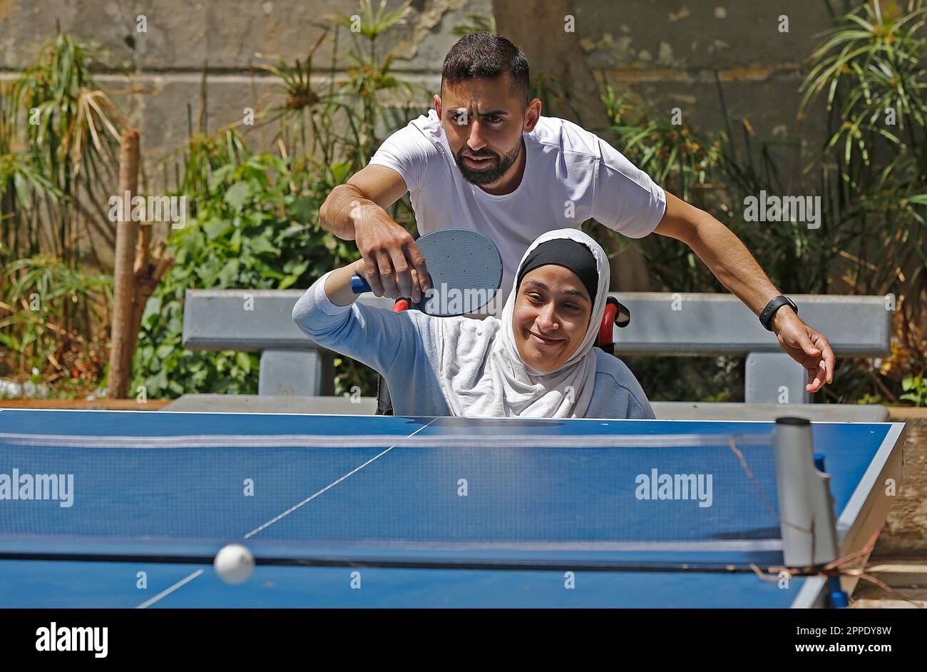 Beirut, Lebanon. 23rd Apr, 2023. Participants play table tennis in