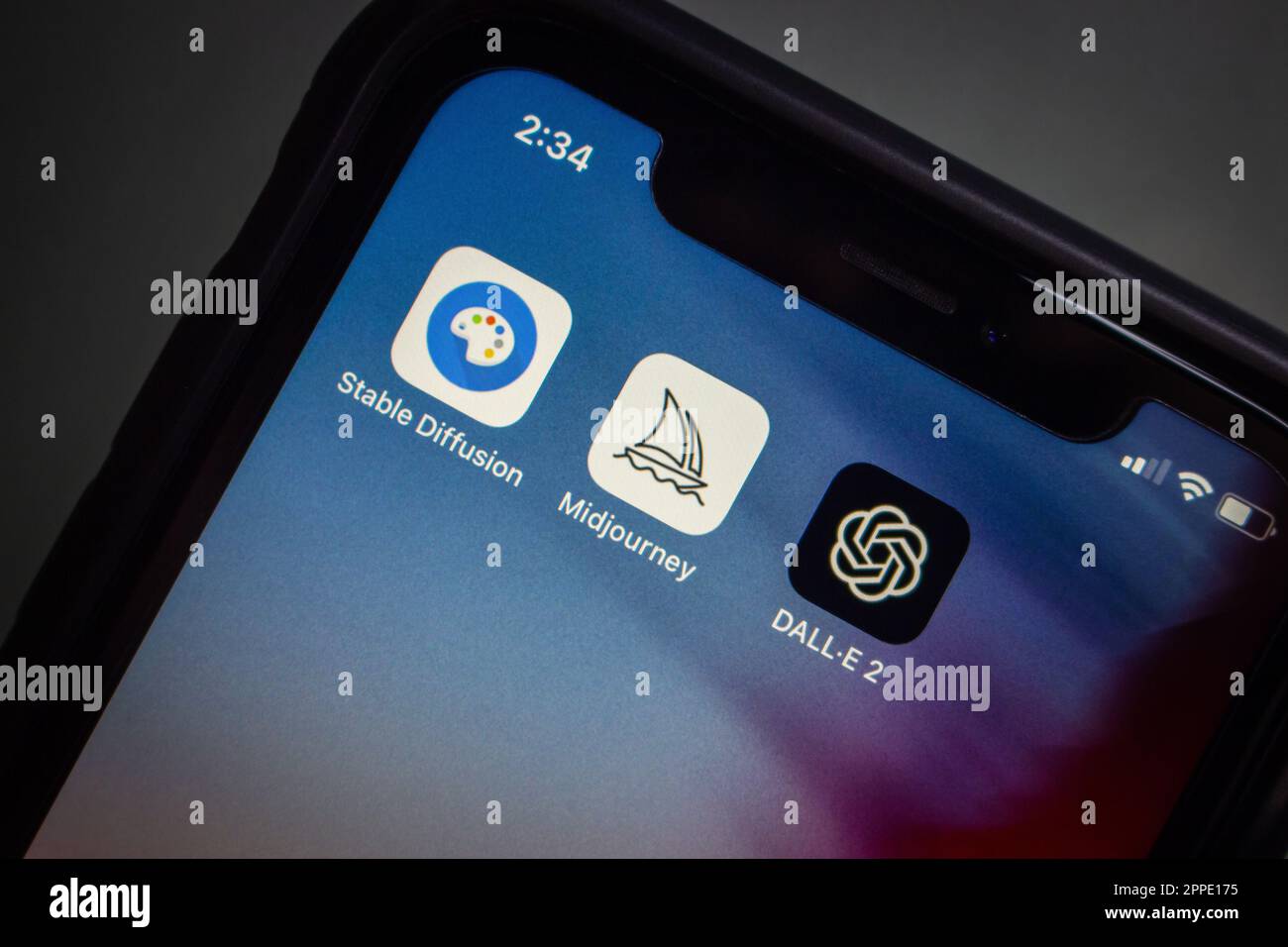 Vancouver, CANADA - Apr 19 2023: Stable Diffusion, Midjourney and DALL-E 2 icons seen in an iPhone screen. Text-to-image Generative Art and AI concept Stock Photo