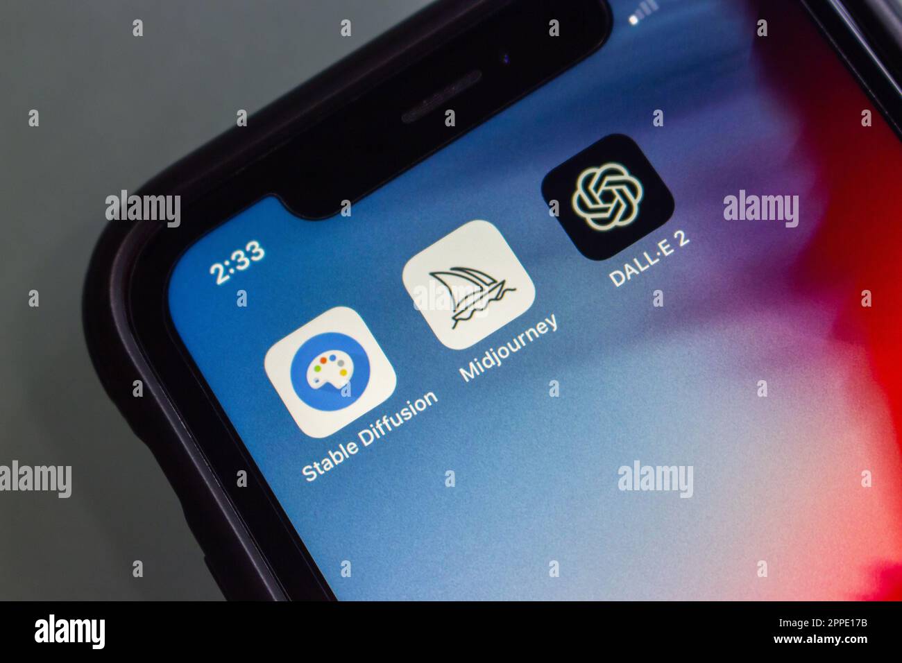 Vancouver, CANADA - Apr 19 2023: Stable Diffusion, Midjourney and DALL-E 2 icons seen in an iPhone screen. Text-to-image Generative Art and AI concept Stock Photo