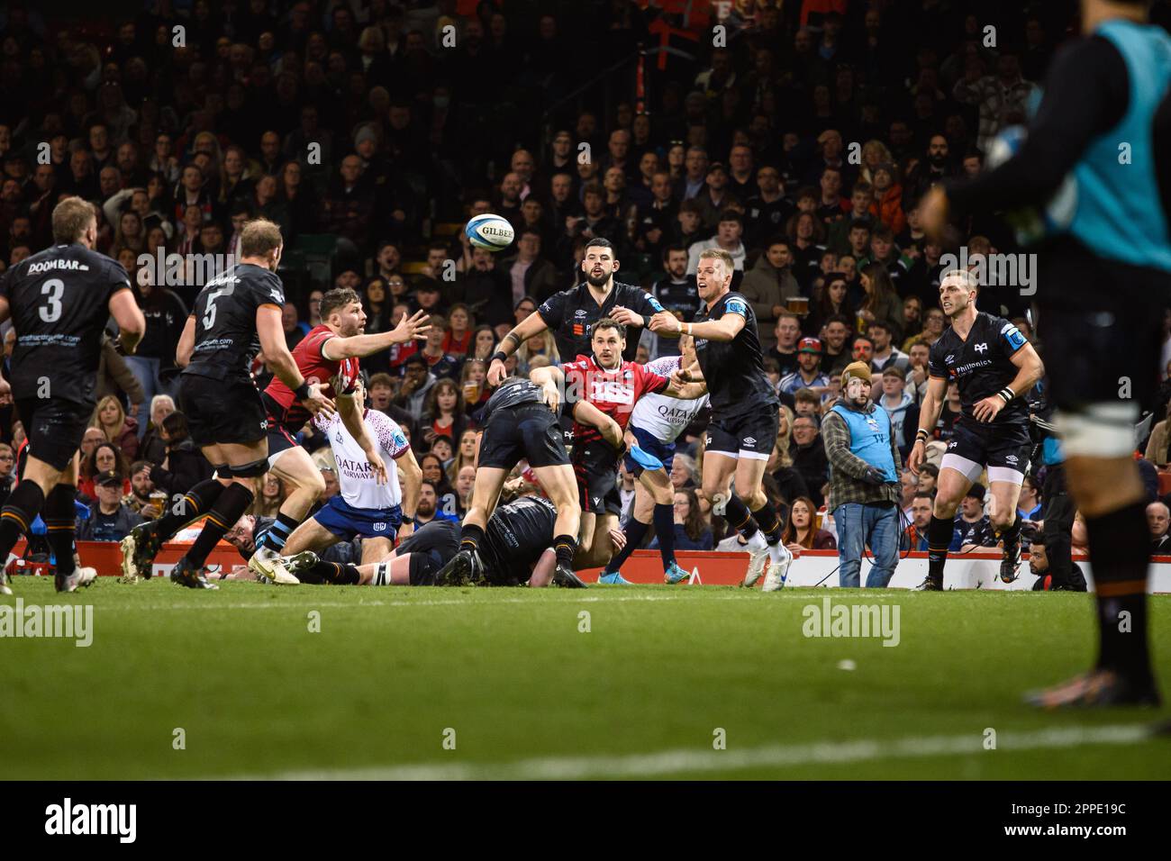 Cardiff, Wales. 22nd April 2023. Tomos Williams throws ball to Thomas ...