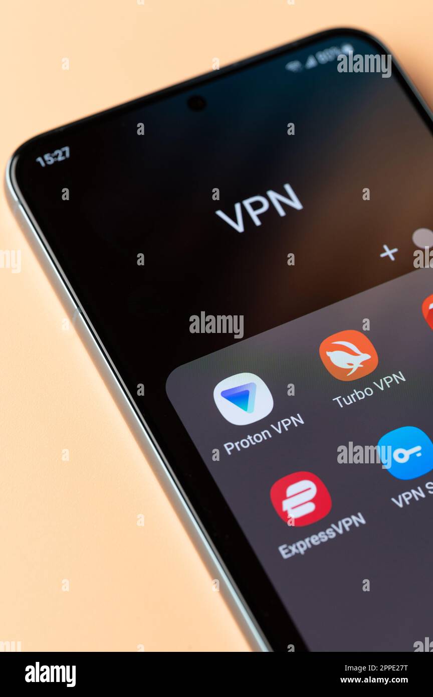 New york, USA - April 18, 2023: VPN applications on smartphone screen close up view Stock Photo