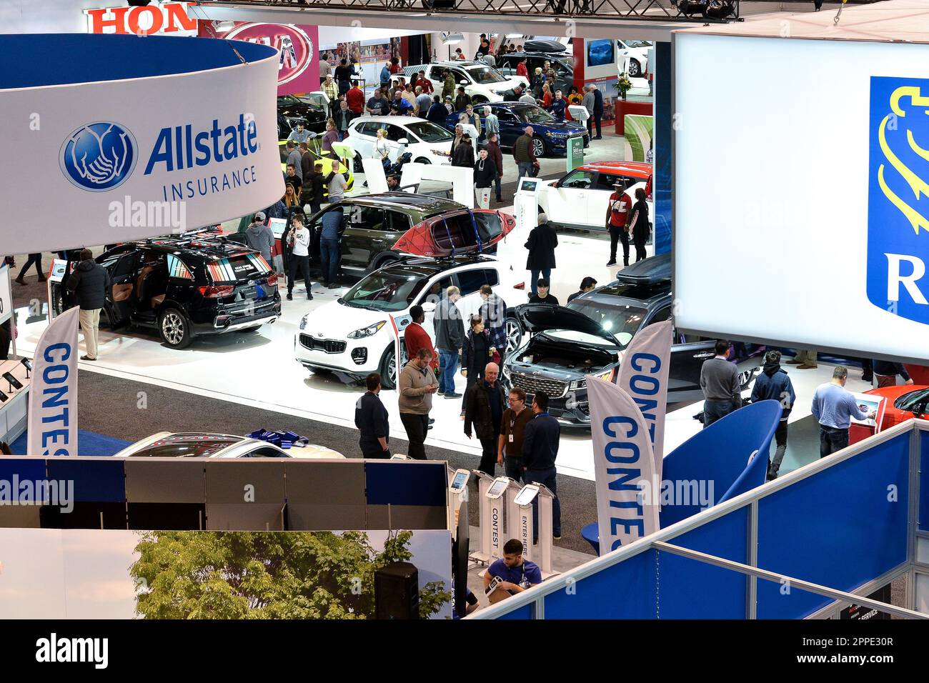 Toronto, ON,  Canada - February 15, 2019:Visitors view cars presented at the exhibition during the Canadian International Auto Show 2019 at Metro Toro Stock Photo