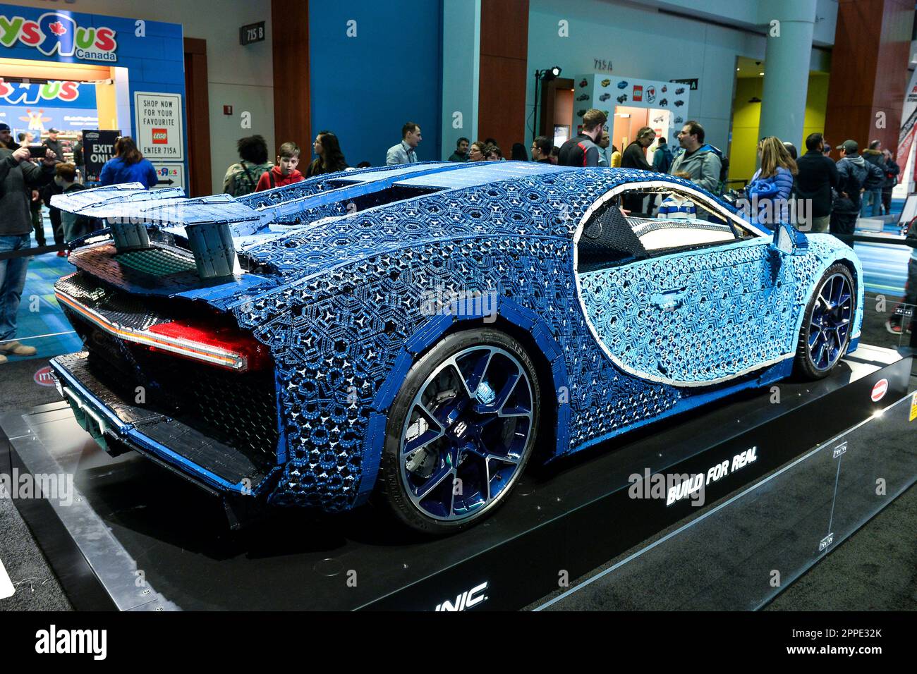 Toronto, ON,  Canada - February 15, 2019: Presentation of LEGO Technic Bugatti Chiron with the engine  made up of more than 6,000 LEGO Technic gear wh Stock Photo