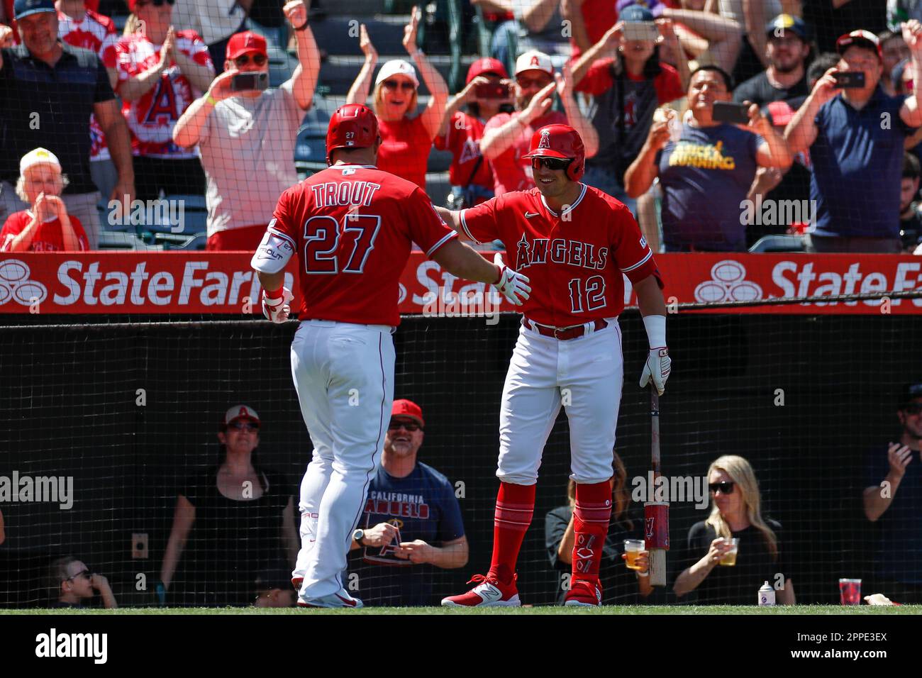 ANAHEIM, CA - APRIL 23: Los Angeles Angels right fielder Hunter Renfroe  (12) congratulates center fielder Mike Trout (27) after Trout hit a solo  home run in the sixth inning during a