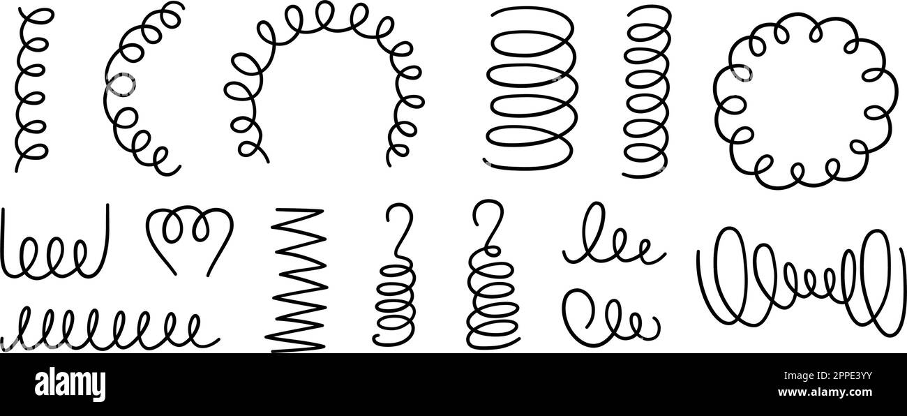 Hand drawn spiral springs set. Doodle flexible coils, wire spring symbols. Metal coil spiral