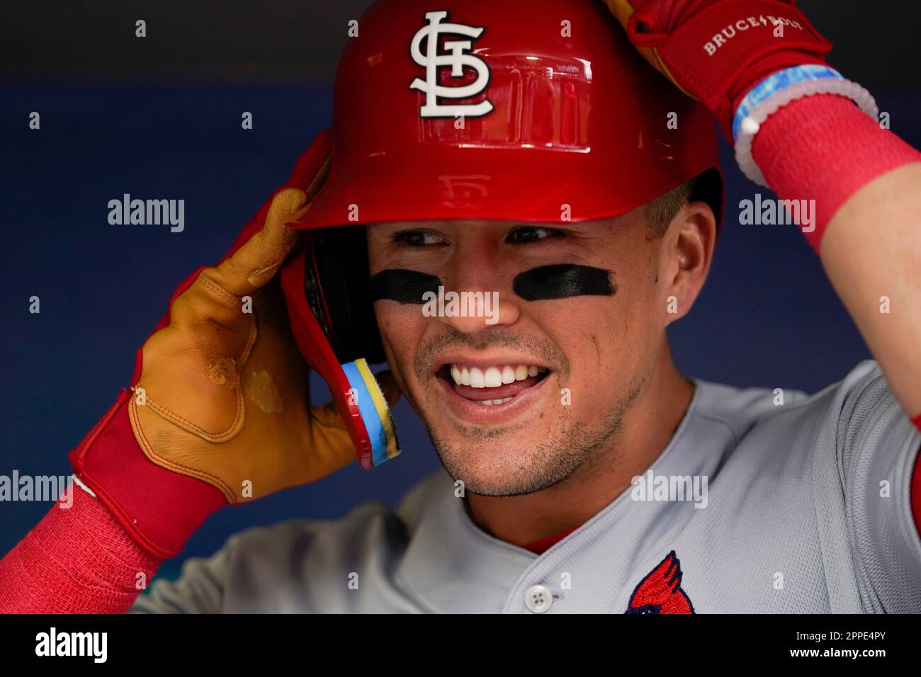 St. Louis Cardinals' Lars Nootbaar smiles as he prepares to face the