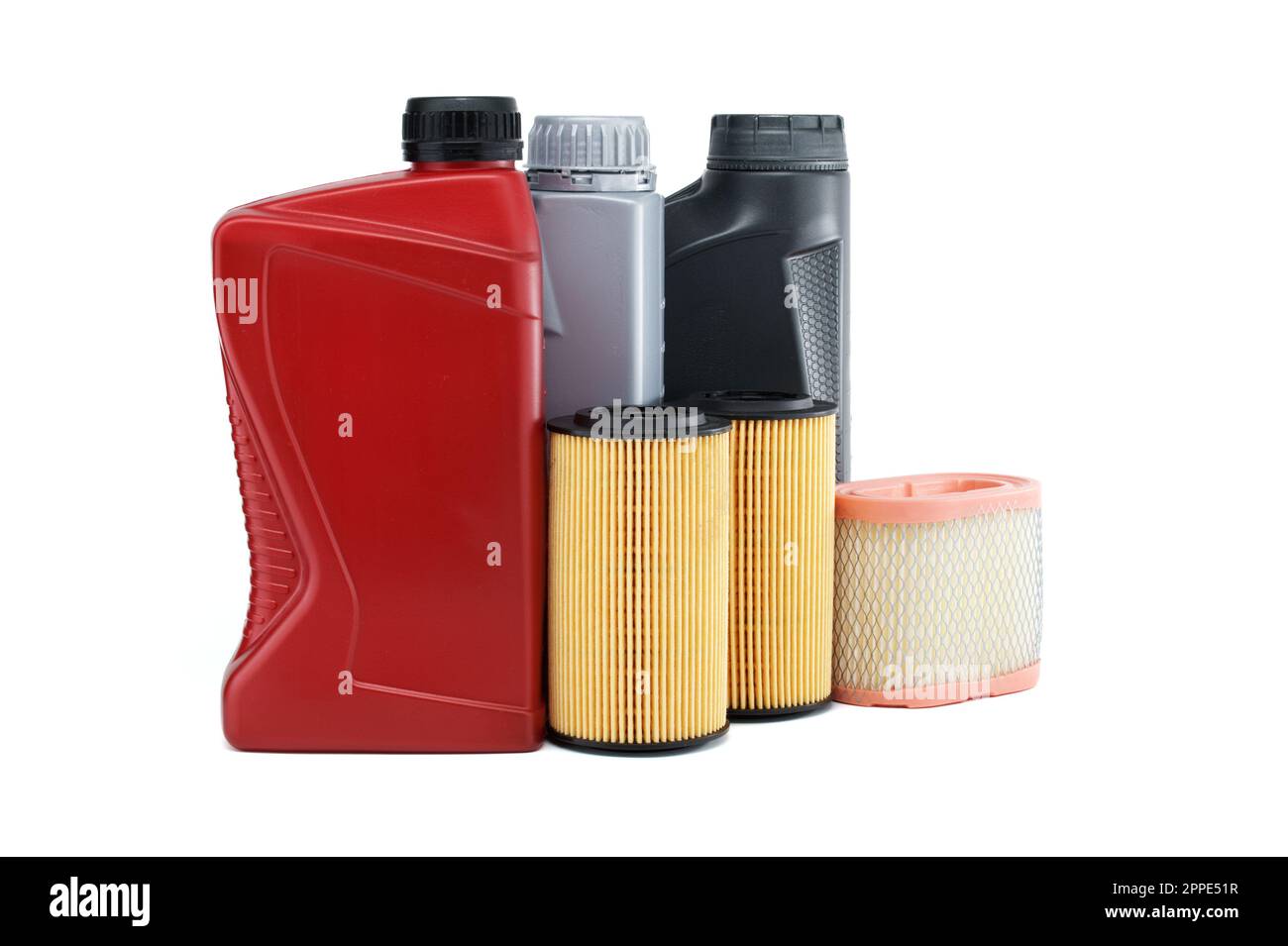 Motor oil filters elements oil and containers isolated on a white background. Car servicing