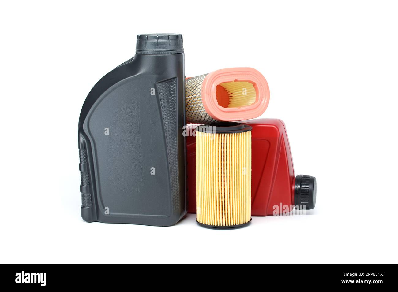 Motor oil filters elements oil and containers isolated on a white background. Car servicing