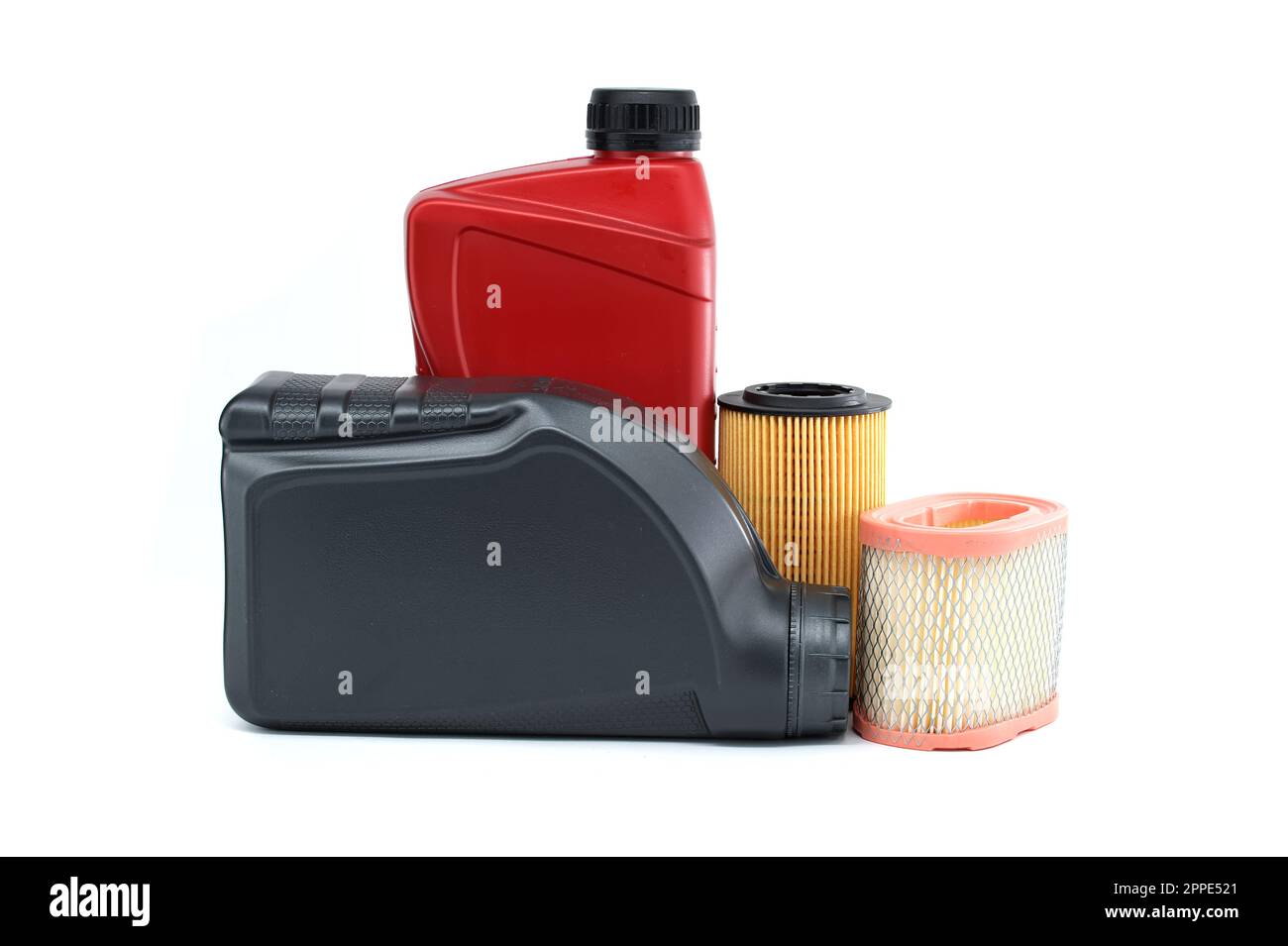 Vehicle engine oil filters elements and motor oil cans isolated on a