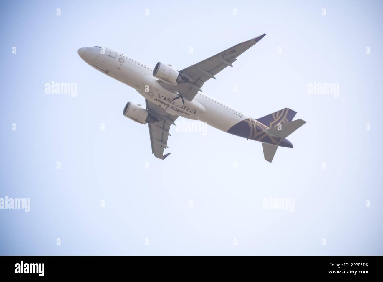 New Delhi, India, April 16 2023 - Vistara Airbus A320 neo take off from Indra Gandhi International Airport Delhi, Vistara domestic aeroplane flying in Stock Photo