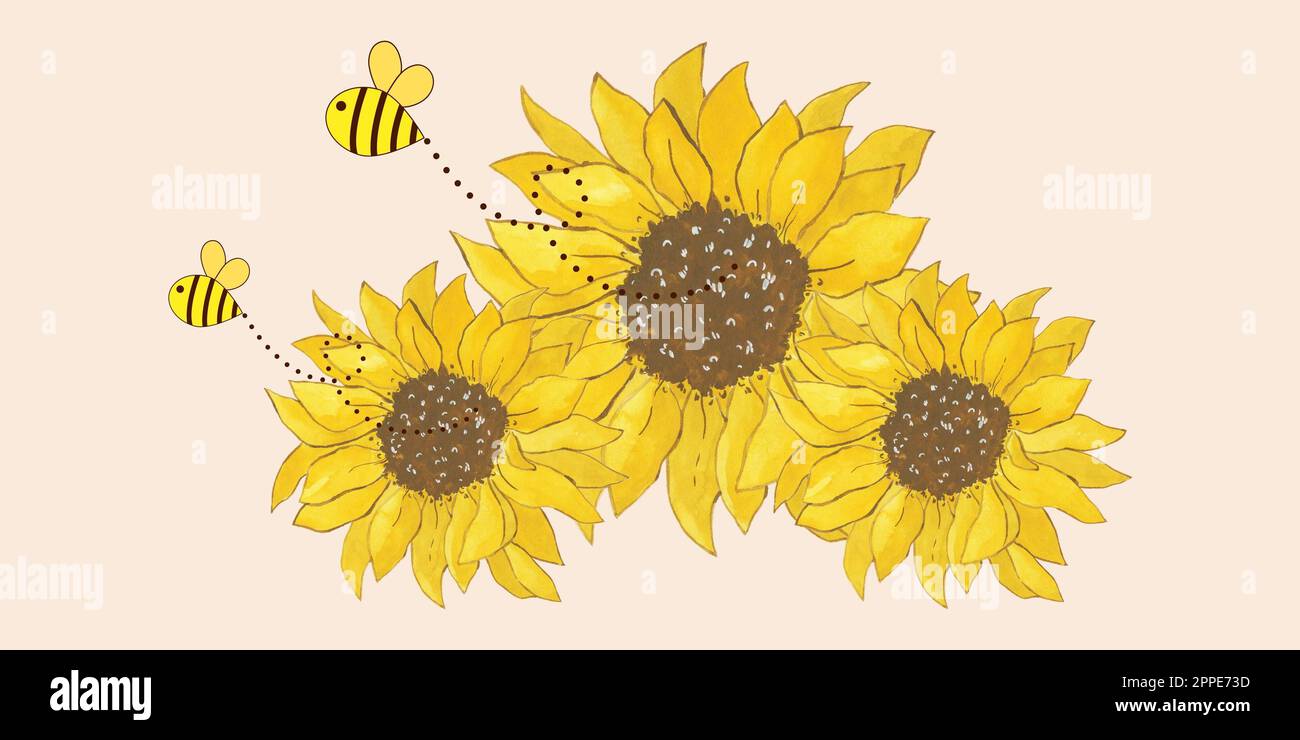 Illustration of sunflowers with small bees. JPG illustration. Stock Photo