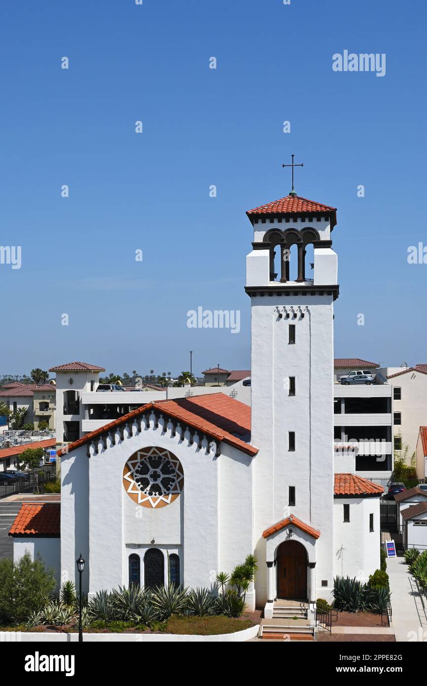 COSTA MESA, CALIFORNIA - 23 APR 2023: The First United Methodist Church on 19th Street, adjacent to Triangle Square. Stock Photo