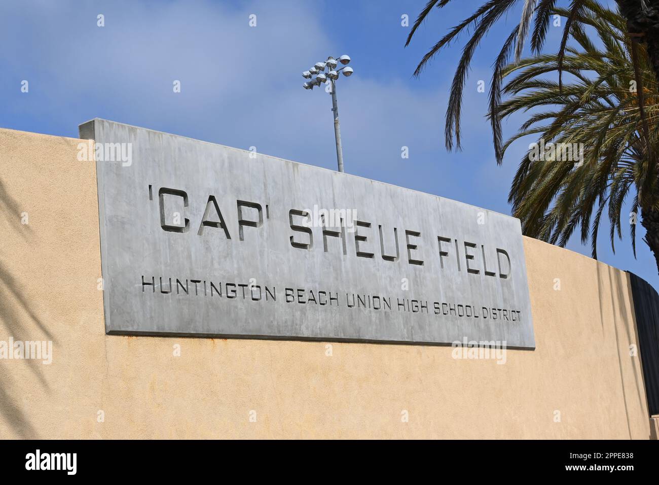 HUNTINGTON BEACH, CALIFORNIA - 23 APR 2023: Sign at the Cap Sheue Field on the campus of Huntington Beach High School. Stock Photo