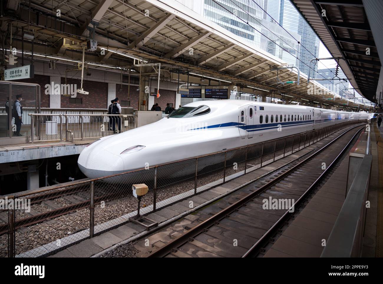 Tokio, Japan. 18th Apr, 2023. A bullet train Shinkansen stands in the ...