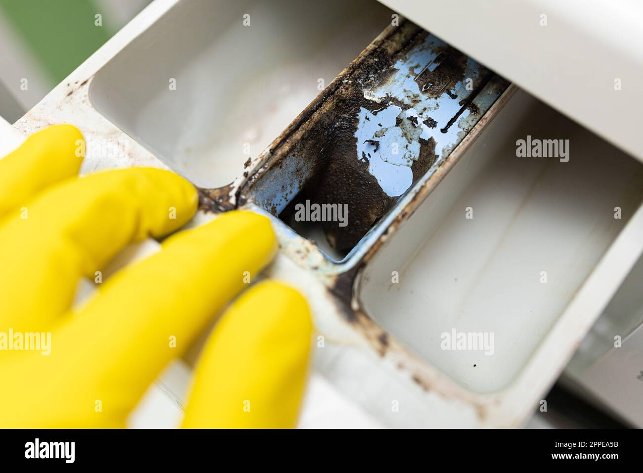 Yellow glove hand check, open washing machine container, drawer for