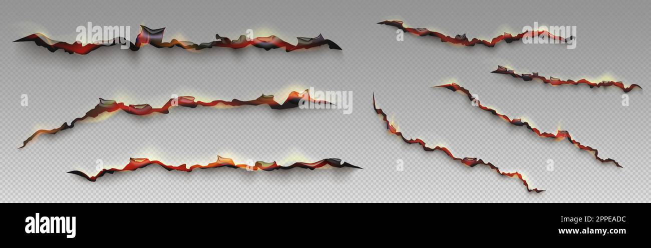 Fire on burnt paper edges. Frames with burn effect with yellow flame, black ash and scorched edges of pages or parchment sheets isolated on transparent background, vector realistic set Stock Vector