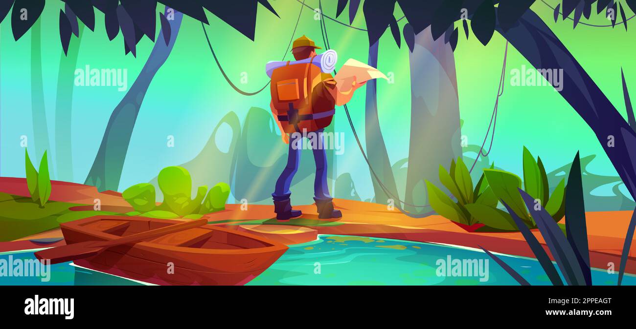 Jungle forest landscape with trees and tourist. Nature scenery of tropical rainforest with river, wooden boat, grass, lianas and man with backpack and map, vector cartoon illustration Stock Vector