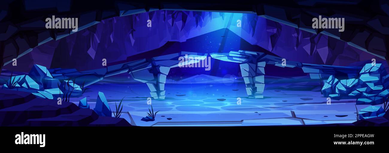 Cartoon underwater cave with stone bridge. Vector illustration of rocky ...