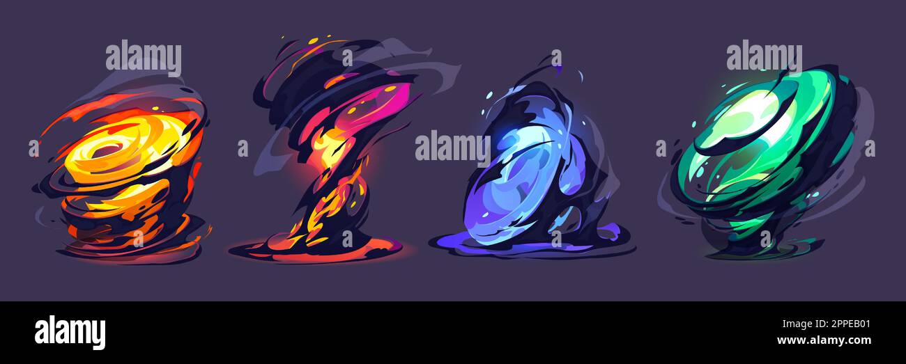 Game animation effect of tornado, fire storm, magic vortex. Wind twirl with smoke clouds, energy flash or bomb explosion isolated on background, vector cartoon set Stock Vector