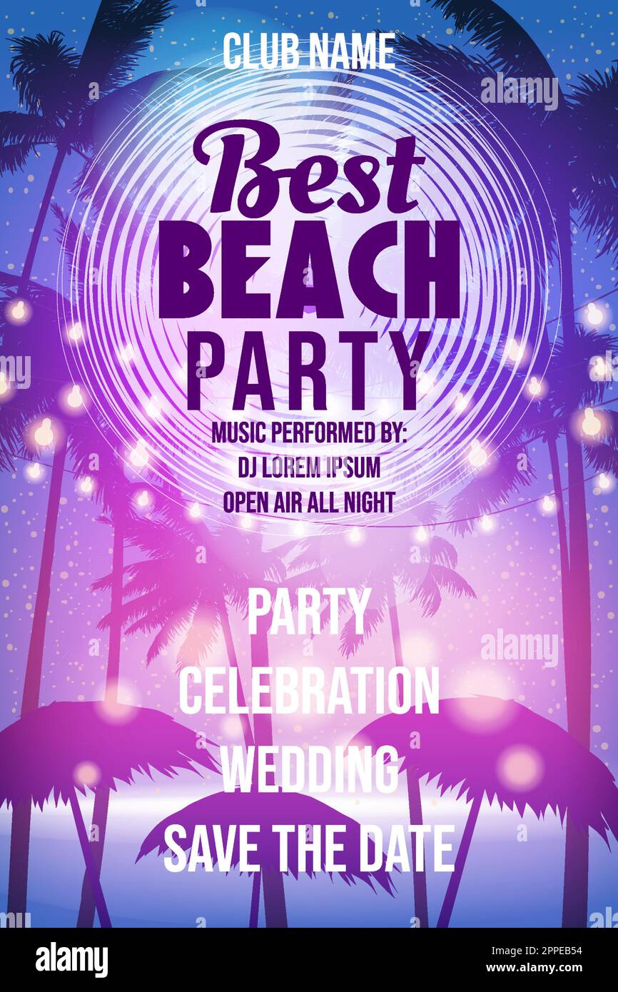 Best Beach Party Template, Night Beach Palms Poster, Flyer Stock Vector