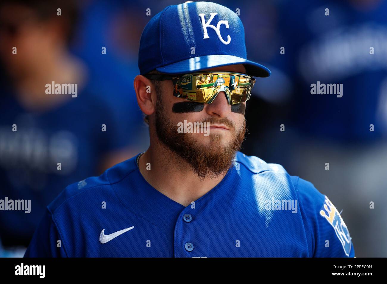 ANAHEIM, CA - APRIL 23: Kansas City Royals third baseman Matt Duffy (15)  talks with Los Angeles Angels center fielder Mike Trout (27) during a  regular season game on April 23, 2023