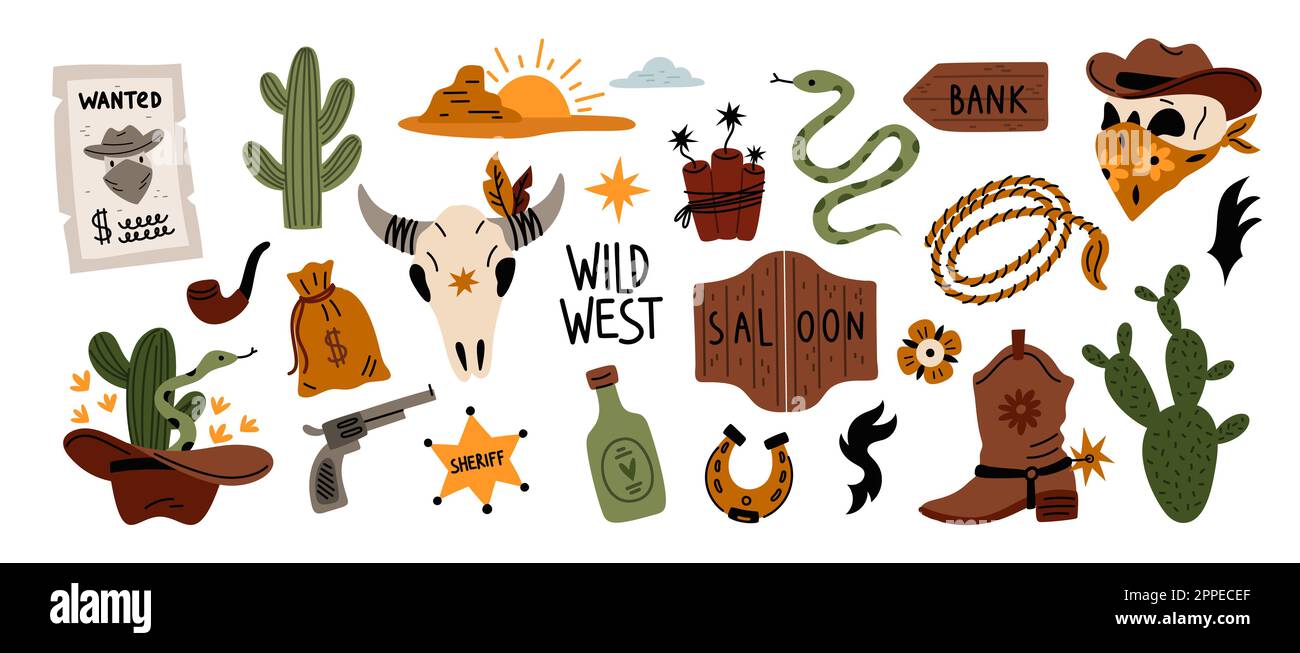 Cartoon wild west elements. Western isolated objects. Cowboy skull in wide brimmed hat. Sheriff badge. Desert cacti. Saloon doors. Tequila bottle Stock Vector