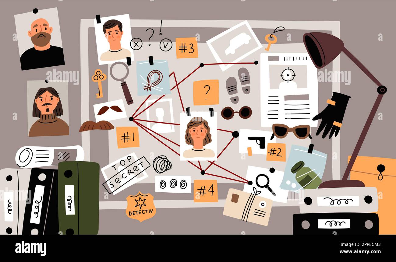 Detective board. Police office attribute. Evidences collection. Marked