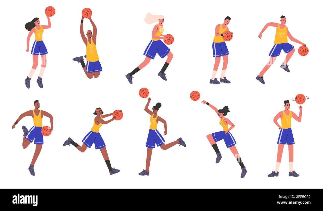 Female or male basketball players. Athletes characters with ball. People in sport uniform. Men or women team game. Persons play streetball. Sportsman Stock Vector