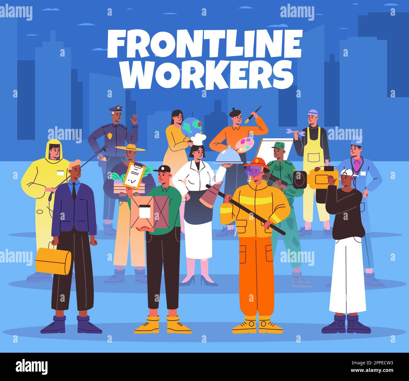 Frontline workers poster. Labor Day inspirational card. Representatives of different professions in uniform. Standing people group. Professional Stock Vector