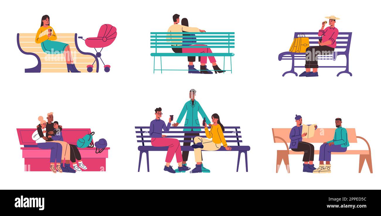 People sit on bench. Cute citizens rest on city seats different types. Friends meeting in park. Young mothers together with children outdoor. Couples Stock Vector