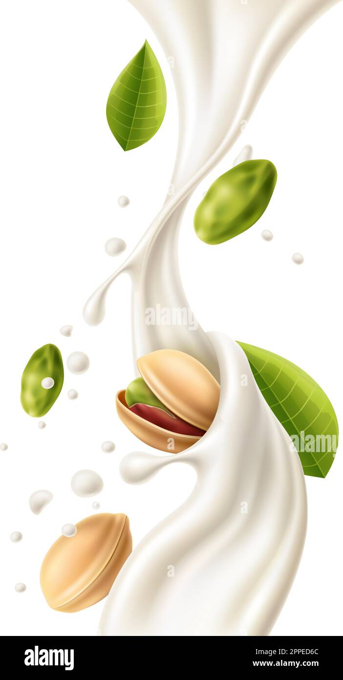 Realistic nuts in milk. Pistachio and cream liquid flow motion