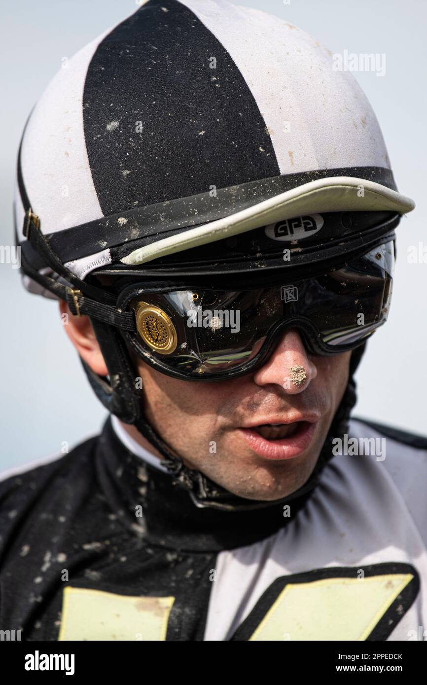 Arcadia, United States. 22nd Apr, 2023. Edwin Maldonado seen with mud on his face after nearly falling off his horse during the 7th race of the day. Horse racing fans and gamblers gathered for another weekend of races at Santa Anita Park in Arcadia, California for the California Stakes Day. With a total of 10 races planned for Saturday April 22, race 5 and 9 would be the Stakes races that the decided the winners and losers of the days event. Credit: SOPA Images Limited/Alamy Live News Stock Photo