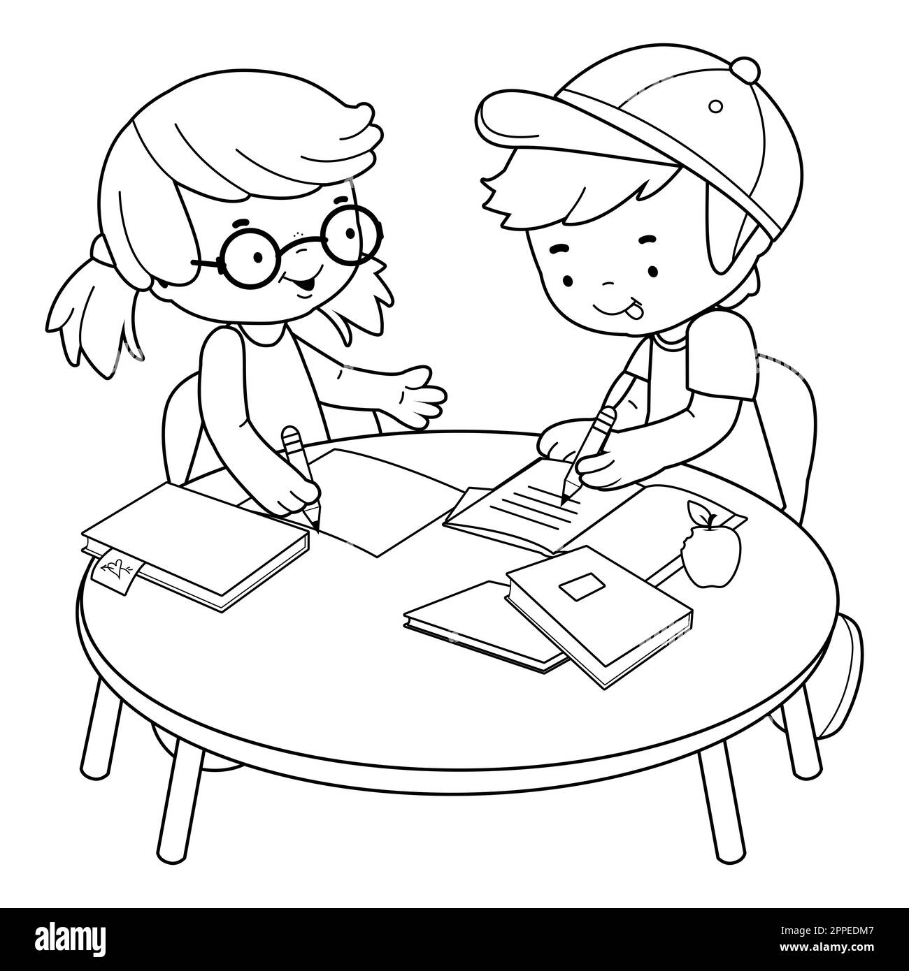 School children at a desk doing their homework. Black and white coloring page Stock Photo