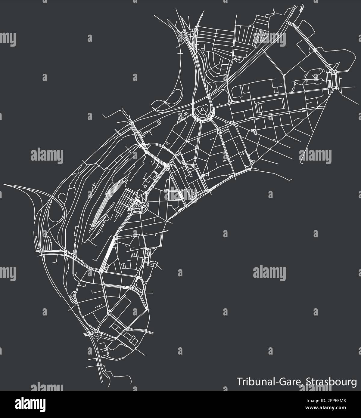 Street roads map of the TRIBUNALGARE DISTRICT, STRASBOURG Stock Vector