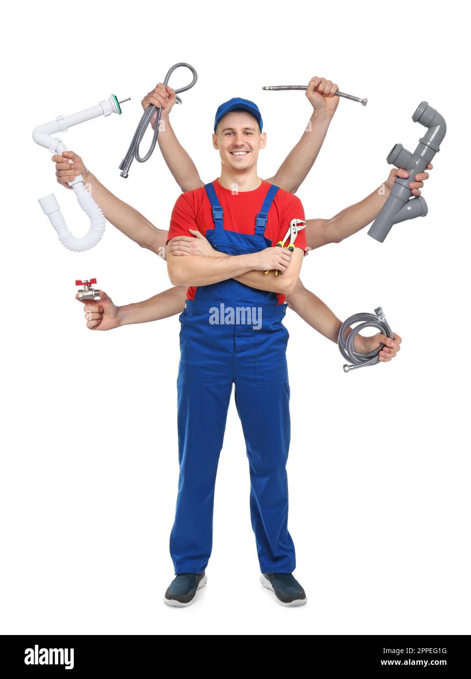 Plumber with different tools on white background. Multitasking handyman Stock Photo