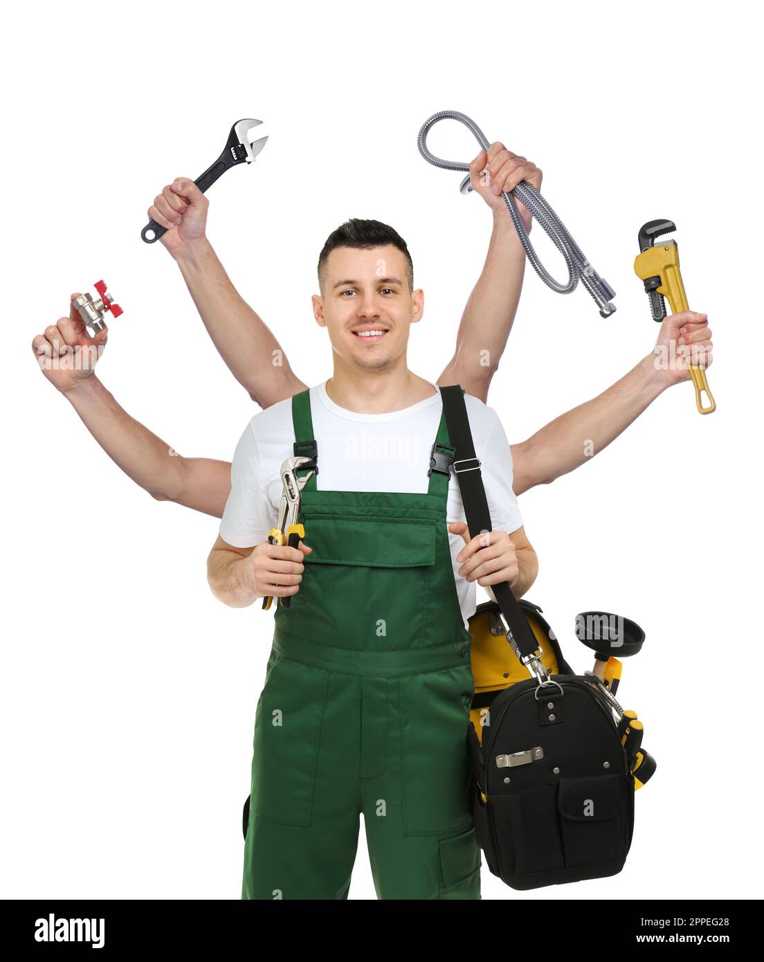 Plumber with different tools on white background. Multitasking handyman Stock Photo