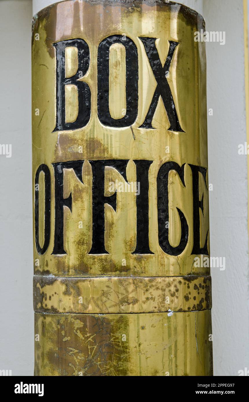 Brass sign for the box office outside a Georgian Theatre. Stock Photo