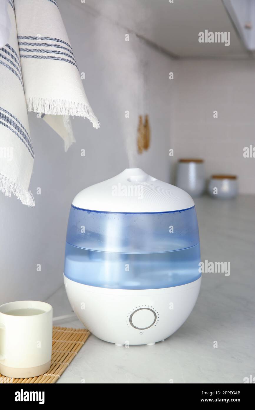 Modern air humidifier, cup and bamboo mat on counter in kitchen Stock Photo  - Alamy