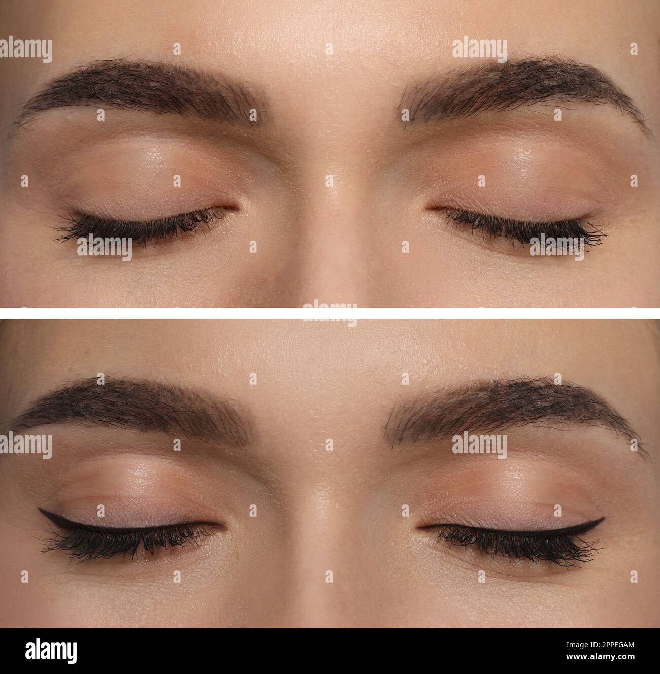 Collage with photos of young woman before and after getting permanent