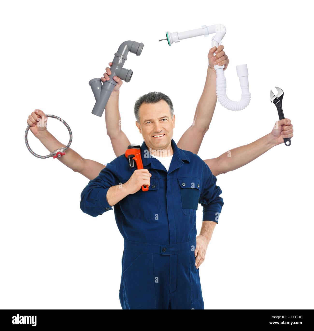 Plumber with different tools on white background. Multitasking handyman Stock Photo