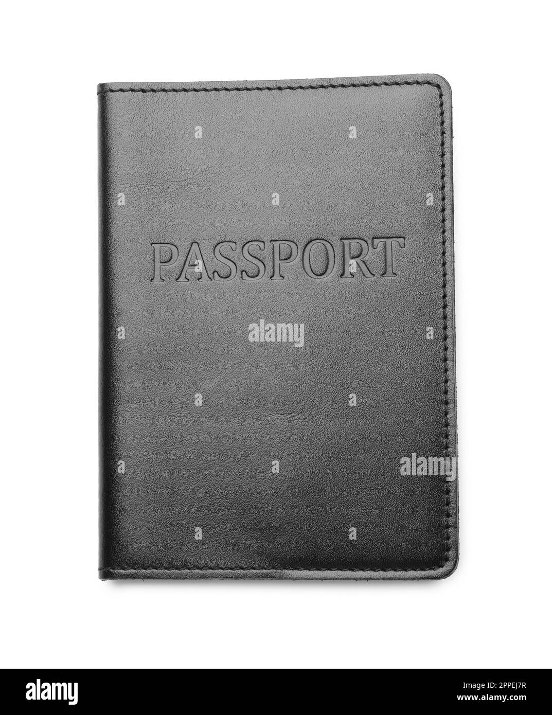 Passport in black leather case isolated on white, top view Stock Photo
