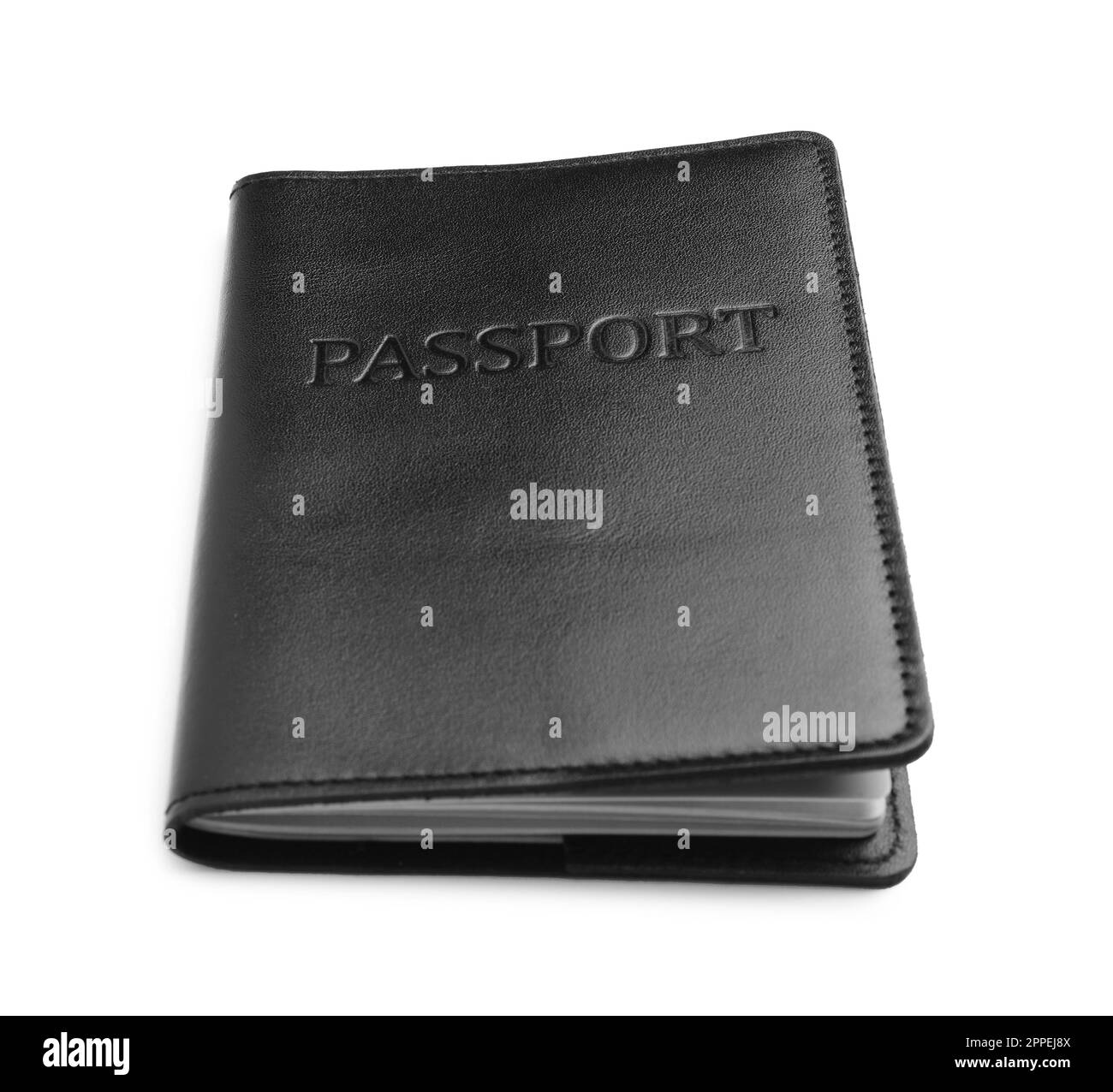 Passport in black leather case isolated on white Stock Photo
