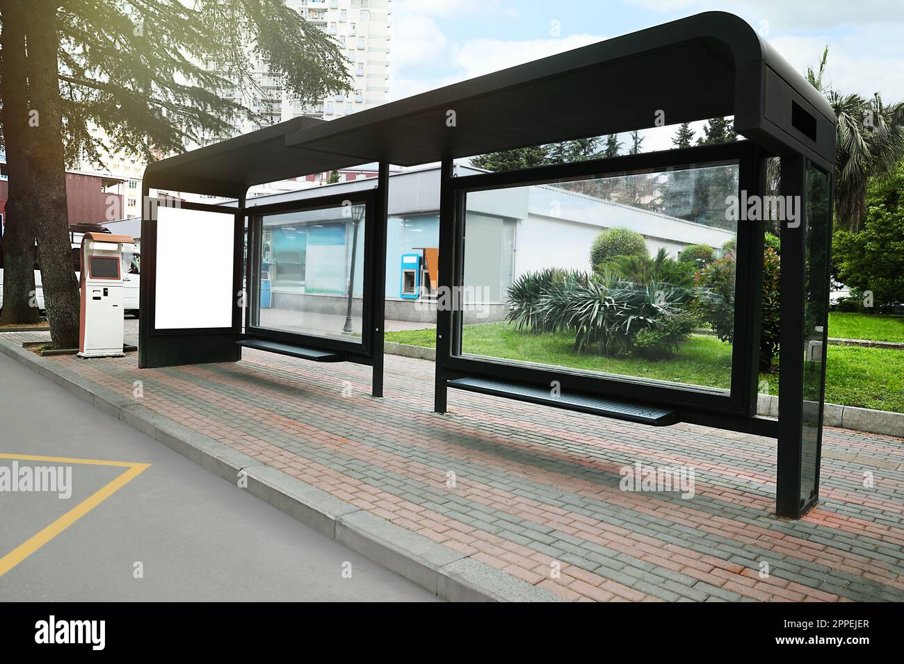 Blank advertising board on transport stop. Space for design Stock Photo ...