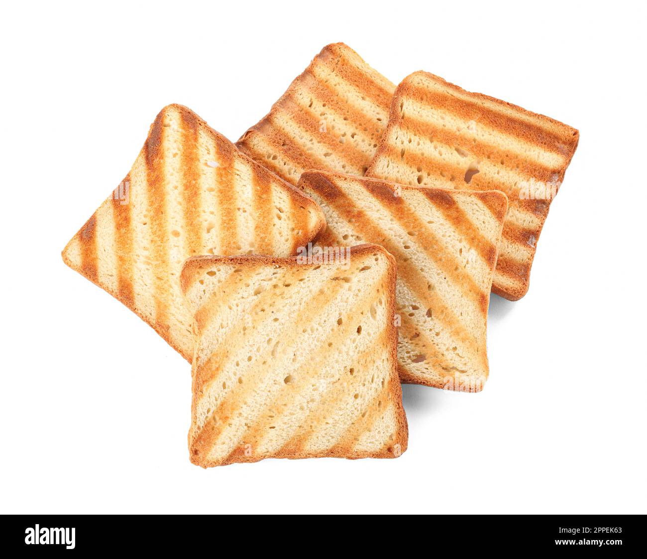 Slices of delicious toasted bread on white background, top view Stock ...