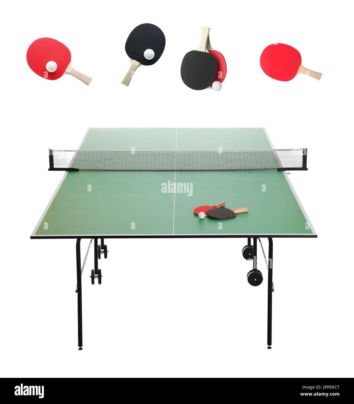Green ping pong table and rackets with balls on white background Stock