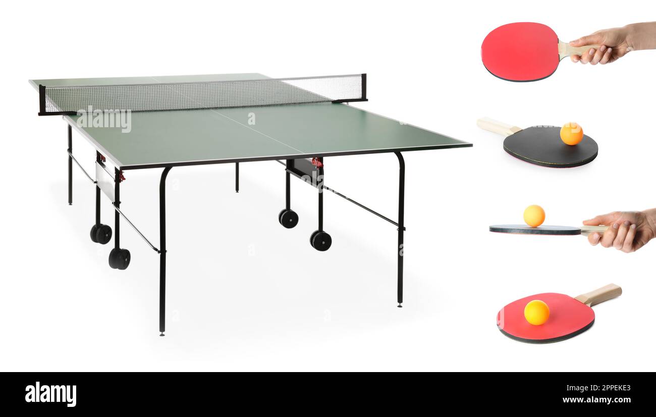 People with tennis rackets and balls near ping pong table on white